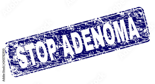 STOP ADENOMA stamp seal print with distress texture. Seal shape is a rounded rectangle with frame. Blue vector rubber print of STOP ADENOMA caption with unclean texture.