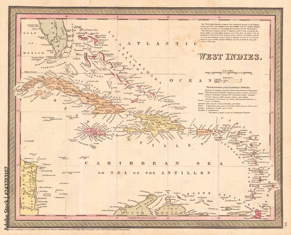 Fototapeta premium 1850, Cowperthwait Mapa Kuby i Indii Zachodnich