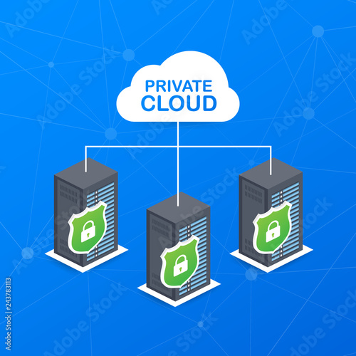 VPC. Private cloud within a company icon of secure data store hand managing. Vector illustration.
