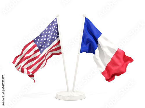 Two waving flags of United States and france