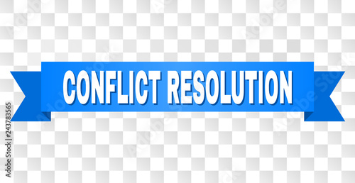 CONFLICT RESOLUTION text on a ribbon. Designed with white title and blue stripe. Vector banner with CONFLICT RESOLUTION tag on a transparent background.