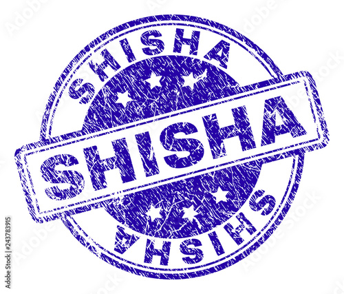 SHISHA stamp seal imprint with grunge texture. Designed with rounded rectangles and circles. Blue vector rubber print of SHISHA label with dirty texture.