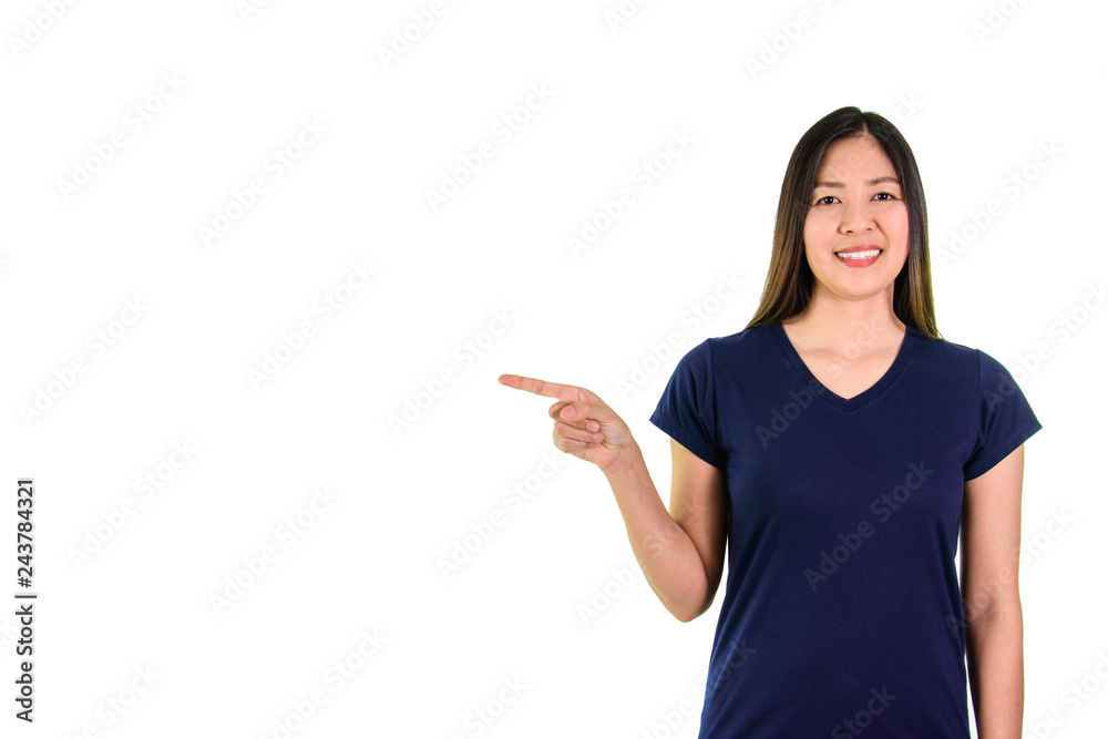 Asian woman smiling and pointing the finger to the space. Asian woman smiling and pointing the finger to the space.