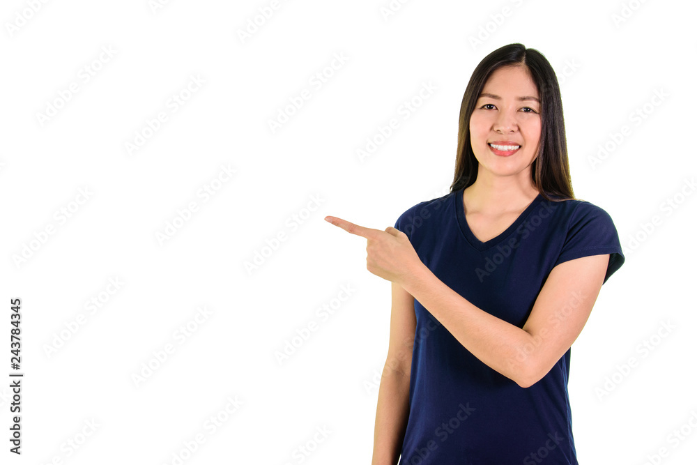 Asian woman smiling and pointing the finger to the space. Asian woman smiling and pointing the finger to the space.