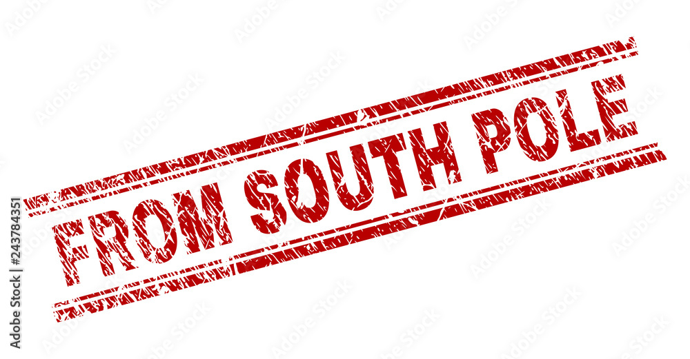FROM SOUTH POLE seal imprint with grunge texture. Red vector rubber print of FROM SOUTH POLE title with grunge texture. Text title is placed between double parallel lines. FROM SOUTH POLE seal imprint with grunge texture. Red vector rubber print of FROM SOUTH POLE title with grunge texture. Text title is placed between double parallel lines.