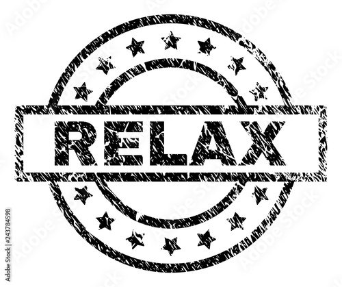 RELAX stamp seal watermark with distress style. Designed with rectangle, circles and stars. Black vector rubber print of RELAX tag with retro texture.