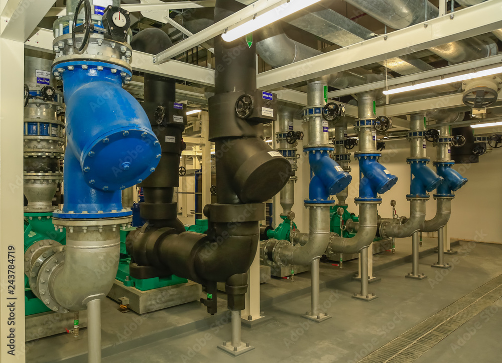 Typical installation for pump and piping in chiller plant with valve tag and show how to install