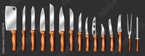 Knives vector butcher meat knife set chef cutting with kitchen drawknife or cleaver and sharp knifepoint illustration isolated on black background
