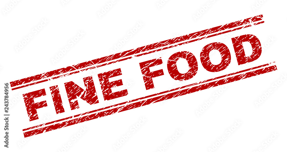 FINE FOOD seal print with distress texture. Red vector rubber print of FINE FOOD label with scratched texture. Text label is placed between double parallel lines. FINE FOOD seal print with distress texture. Red vector rubber print of FINE FOOD label with scratched texture. Text label is placed between double parallel lines.