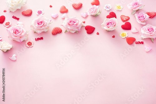 Valentine Day gift box with red hearts and roses on pink backgro