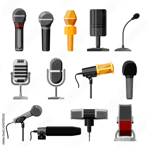Microphone audio vector dictaphone and microphones for podcast broadcast or music record technology set of broadcasting concert equipment illustration isolated on white background