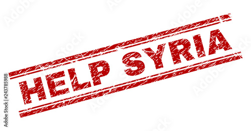 HELP SYRIA seal imprint with corroded texture. Red vector rubber print of HELP SYRIA label with corroded texture. Text title is placed between double parallel lines.
