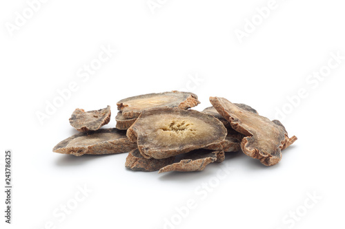 Sliced ​​of Pseudo-ginseng on white background. Chinese herbal medicine.