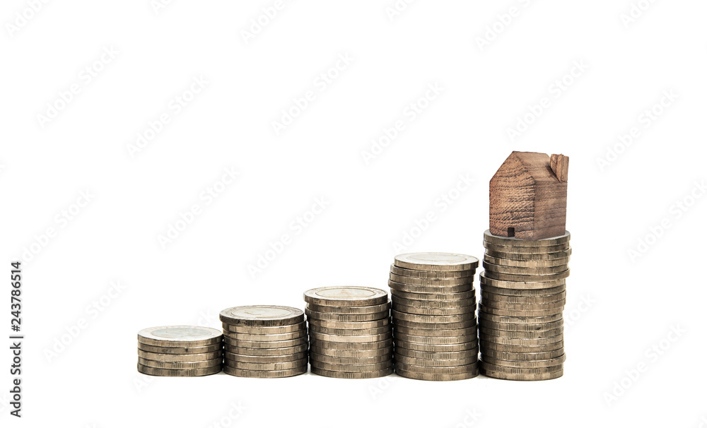 WOOD HOUSE miniature with coin on white background ,Property concept WOOD HOUSE miniature with coin on white background ,Property concept