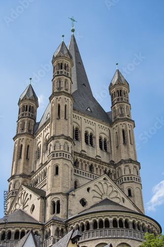 Great St. Martin Church and colorful houses in Cologne, Germany,may ,2017