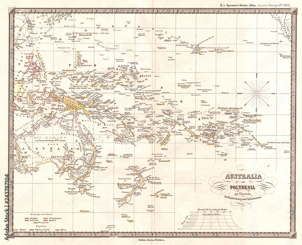 1855, Spruner Map of Australia and Polynesia with an overview of Discoveries and Colonization