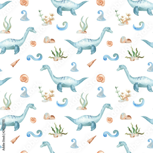 Watercolor dinosaur prehistoric period. Illustration of an elasmosaurus underwater for kindergarten  wallpaper  cards  invitations  childish design. Seamless pattern.