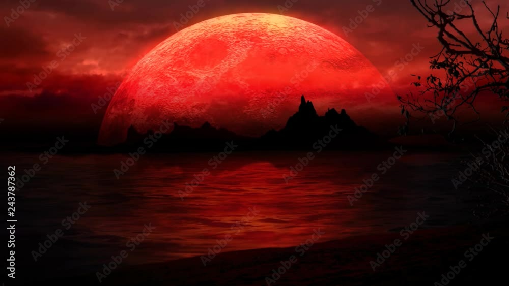 Beach Island Silhouette in Red Large Moon 4K Loop features a silhouette of a beach and island out in an animated ocean and a large full moon and moving clouds in a red warm atmosphere
