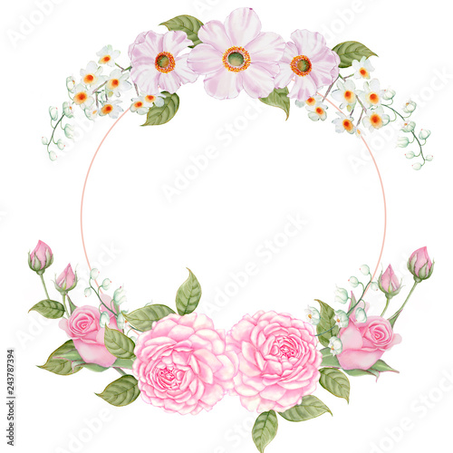 Rose,Cosmos,Wedding Watercolor Wreath, Bouquets,Frame Floral,Flowers arrangement decorate,Hand painted,isolated on white background, floral invitations, greeting card, DIY.