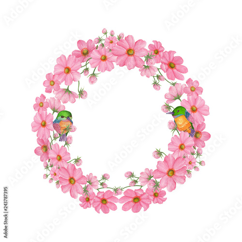 Cosmos,Birds,Wedding Watercolor Wreath, Bouquets,Frame Floral,Flowers arrangement decorate,Hand painted,isolated on white background, floral invitations, greeting card, DIY.