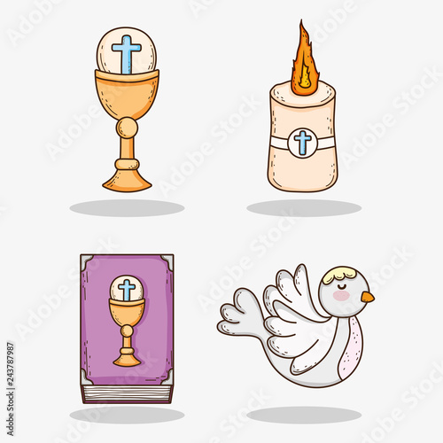 set chaliz with host and candle with bible and dove
