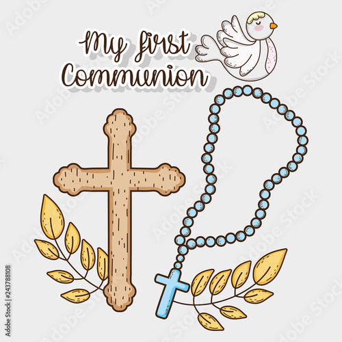 my first communion with rosary cross and dove