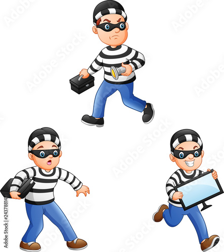 Cartoon thief in a collection of different actions