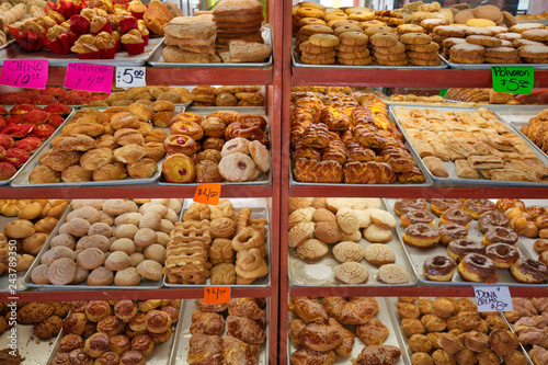 Puebla, Mexico-20 April, 2018: Bakery selling fresh pastry on a colorful Puebla streets in Zocalo historic city center