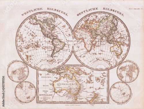 1862, Stieler Hemisphere Map of the World