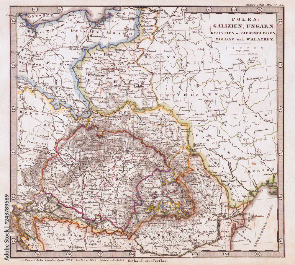 1862, Stieler Map of Poland and Hungary