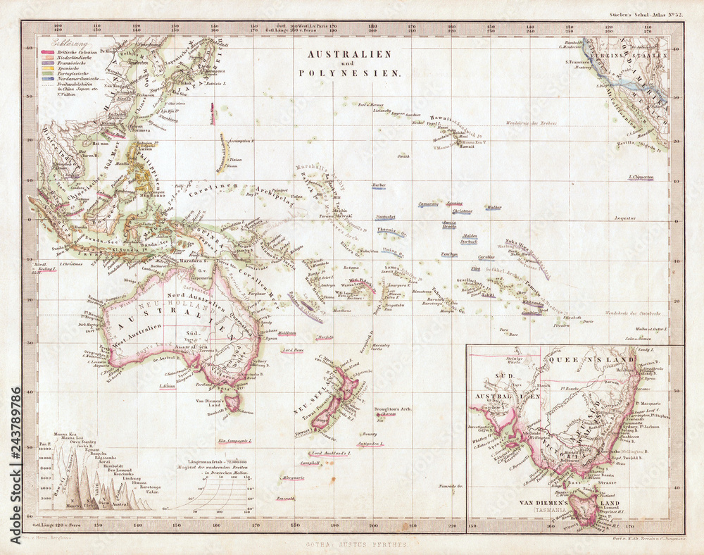 1862, Stieler Map o Australia and Polynesia