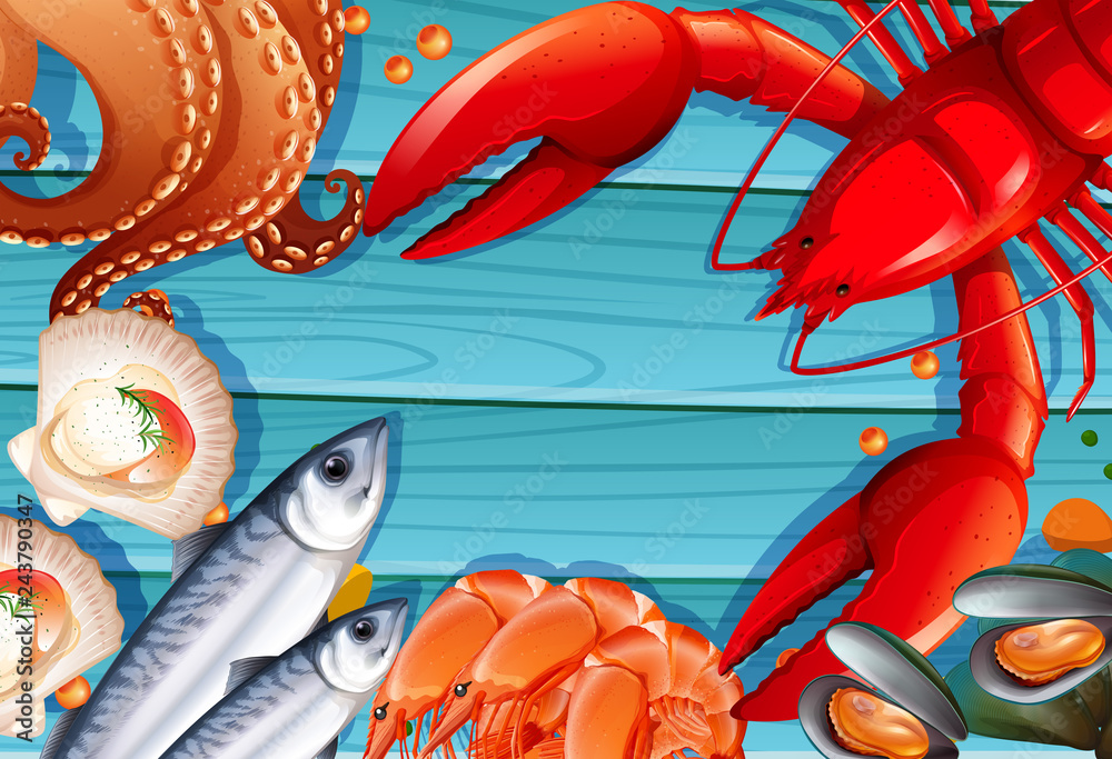 Set of seafood on wooden background