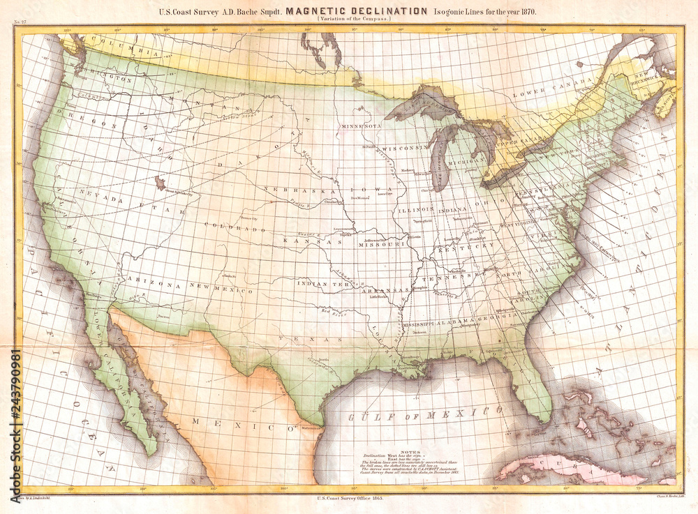 1870, U.S. Coast Survey Map Showing Magnetic Declination in the United States