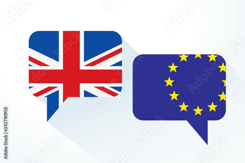 Two message clouds with flags of United Kingdom and European Union respectively. Dialogue between UK and EU. Geopolitics and Brexit concept - Vector
