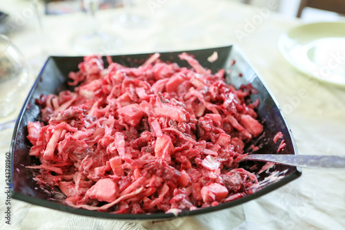 Salad with cabbage, beetroot and beef tongue