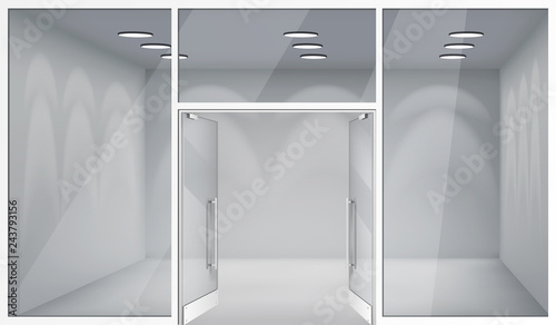 Open doors 3d shop empty interior front store realistic windows space template mockup background vector illustration
