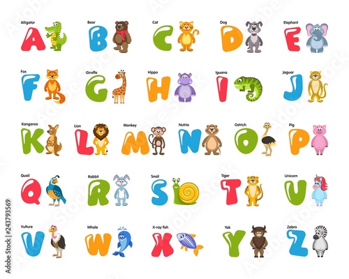 Zoo alphabet for kids with funny animals, birds, fish. Colorful elephant, lion, zebra, iguana, giraffe, hippopotamus, tiger, monkey, kangaroo, snail, rabbit, pig, cat, dog, ostrich, bear and others.