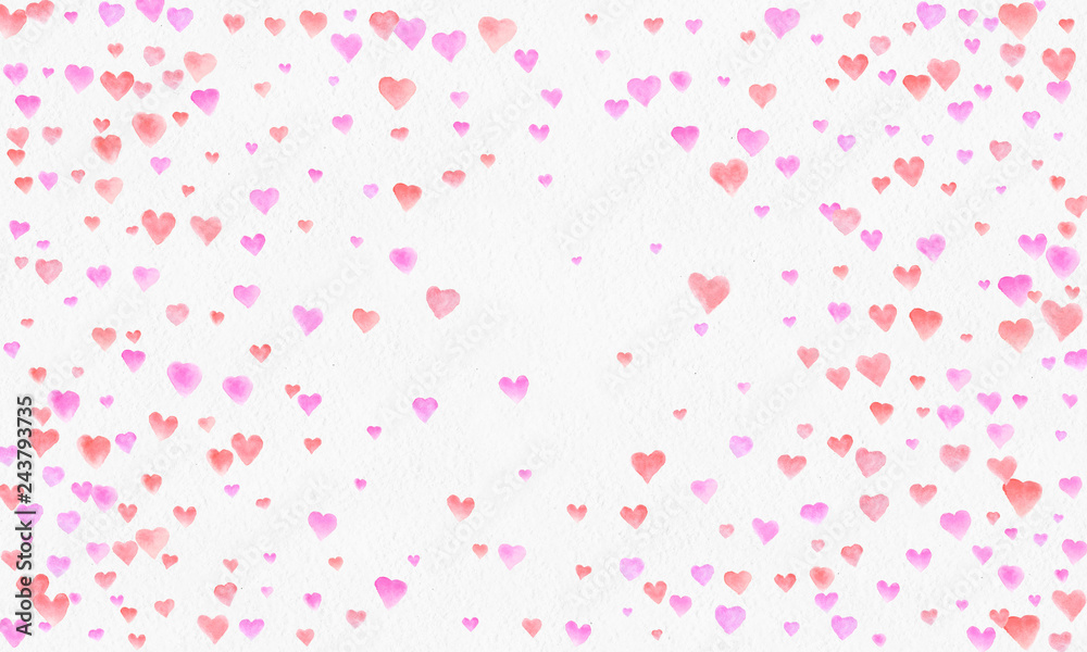Heart shapes watercolor background. Romantic Confetti splash. Background with Heart Confetti. Falling red and pink paper hearts. Greeting wedding card. February 14. illustration.

