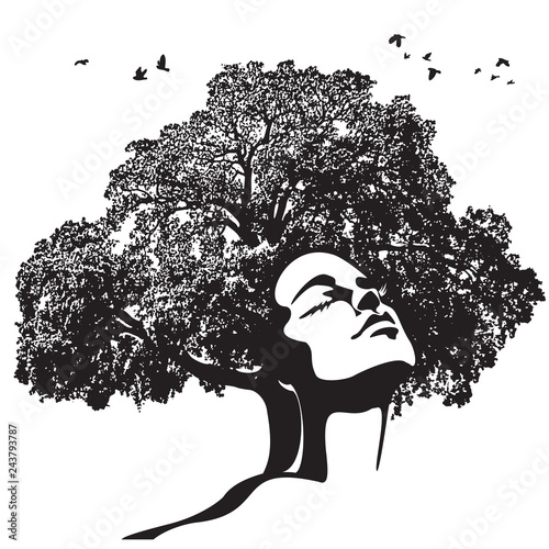 Woman face and tree silhouette - vector illustration. Double exposure in outline graphics - a portrait of a beautiful girl and a tree branch like hair. The concept of the living soul of nature.