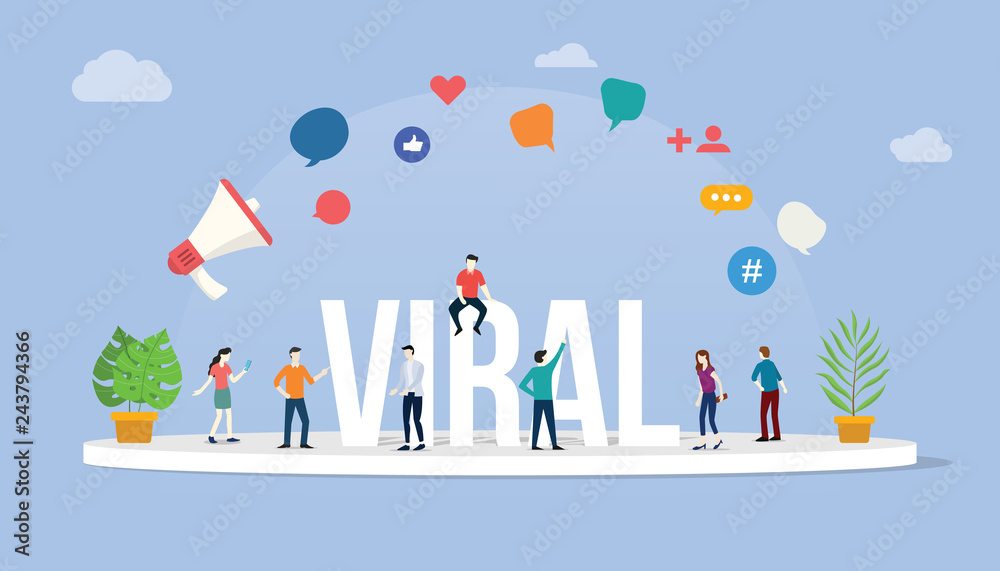 Αυτοκόλλητο viral social media information content with team people standing around it with