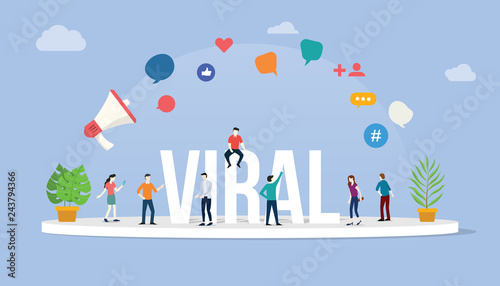 viral social media information content with team people standing around it with big text and various icon - vector