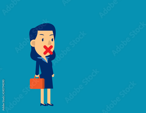 Businesswoman with sticking tape his mouth. Concept business vector illustration, Cute cartoon character, Freedom of speech.