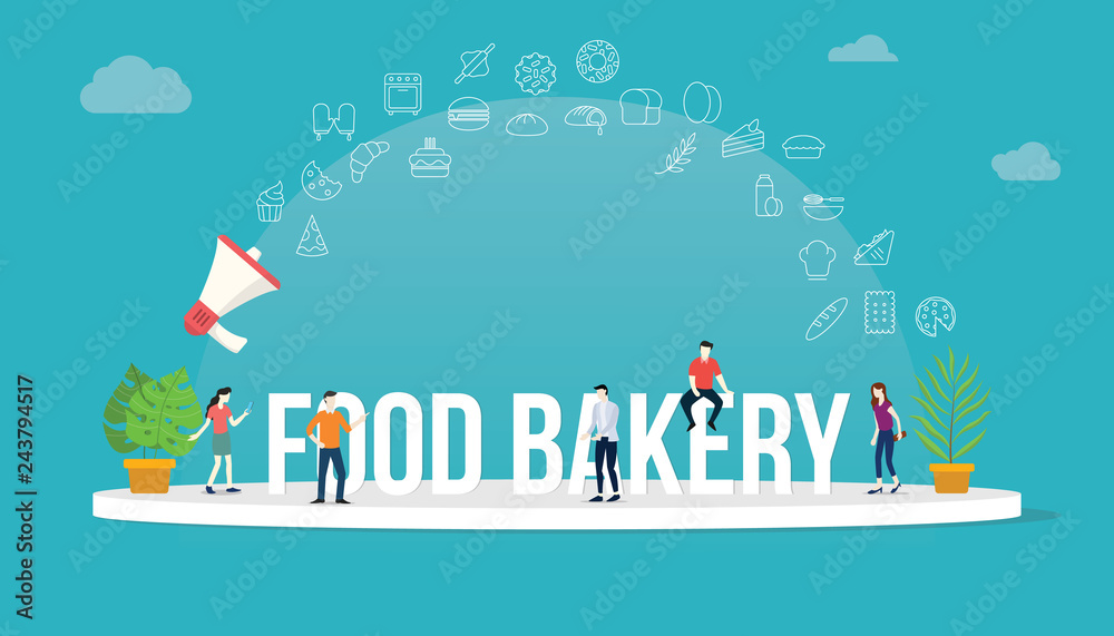 food bakery concept with team people working together with big text title banner and icon about it spreading flying with loudspeaker - vector food bakery concept with team people working together with big text title banner and icon about it spreading flying with loudspeaker - vector