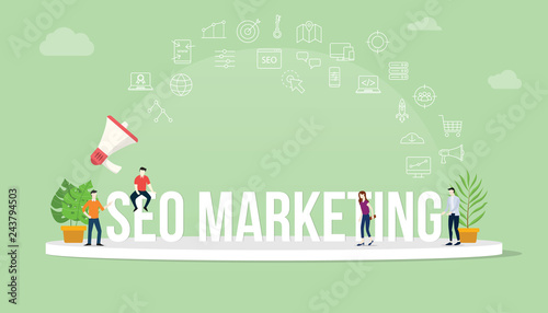seo search engine optimization marketing concept with team people working together with big text title banner and icon about it spreading flying with loudspeaker - vector