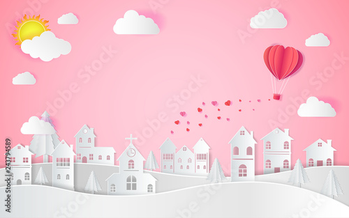 Happy valentine s day  Wedding and paper art concept the hot air heart balloon  sun and countryside on pink sky as love