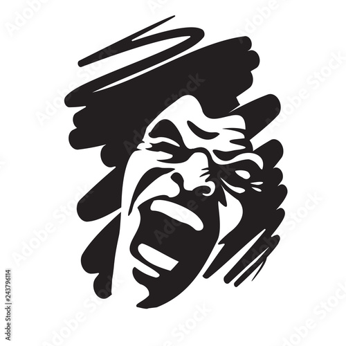 Screaming face shout in black and white vector graphics. Emotional scream of a man with open shouting mouth - expression drawing in graffiti style.