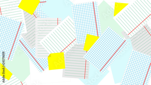 Scattered on the table sheets of paper. Light background. Vector.