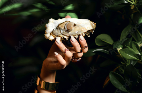 Beautiful woman hands hold open rock oyster in hand with gold rings in expensive  restaurant