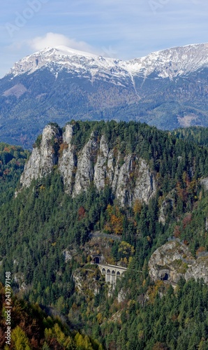 Krauselklauseviadukt with Pollereswand and Raxeres massif with Heukuppe, Wolfsbergkogel, Semmering, Lower Austria, Austria, Europe photo