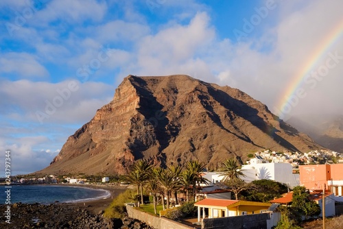 Mount La Merica with rainbow, La Puntilla, Valle Gran Rey, La Gomera, Canary Islands, Spain, Europe photo